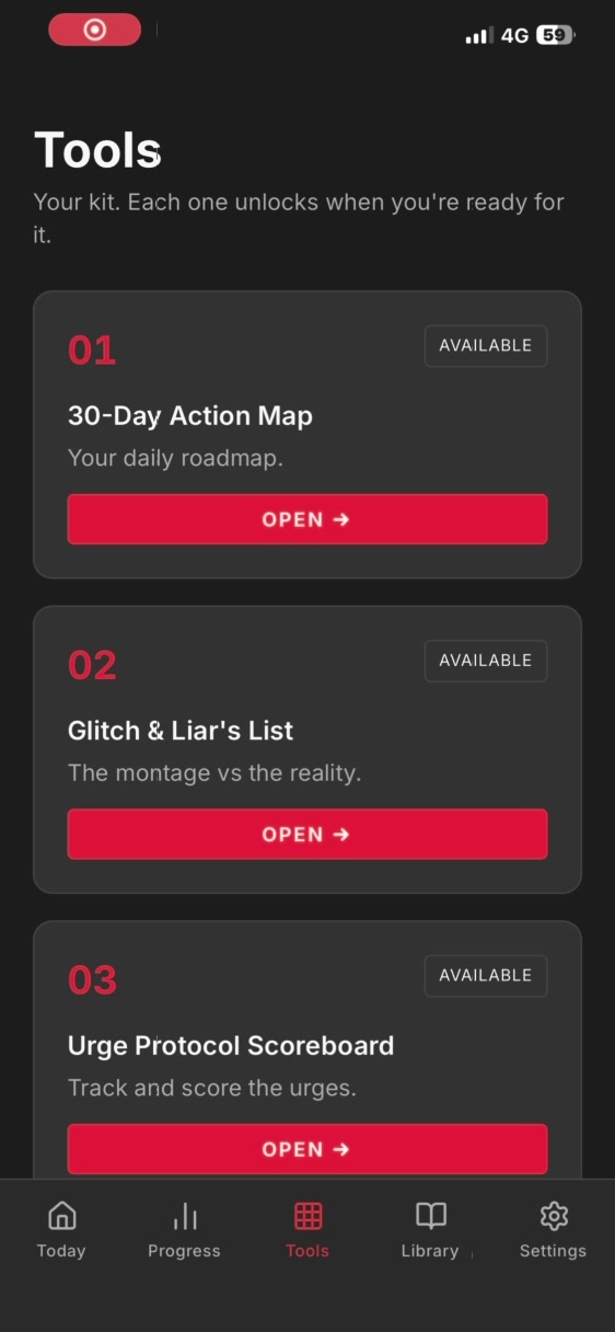 The Tools screen listing every unlocked tool