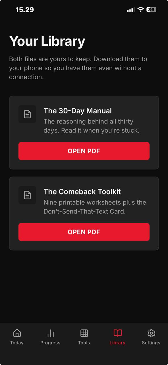 The Library screen with the manual and the toolkit